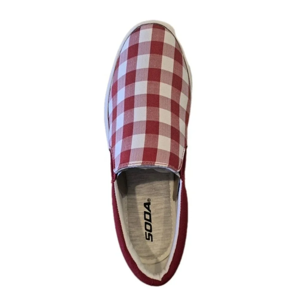 Women's Slip on Platform Sneakers Red White Plaid Memory Foam Soda Hike G Size 8
